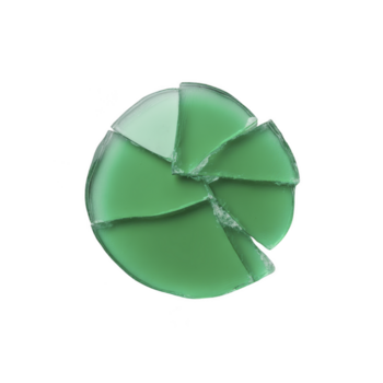 Broken green glass circle, shattered into several pieces, isolated transparency background, symbolizing fragility and destruction, with sharp edges and transparent texture, evoking dramatic mood png