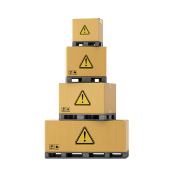 Stacked cardboard boxes with warning symbols, arranged on pallets, isolated on transparency background, representing caution, shipping, and logistics safety in warehouse or delivery environments png