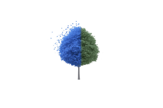Half blue half green tree isolated on transparency background symbolizes environmental change transformation and creative imagination with digital dispersion effect adding dynamic modern touch png