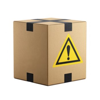Brown cardboard box with black tape, featuring yellow warning sign with exclamation mark, isolated on transparency background, symbolizing caution or fragile contents png