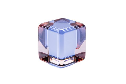 Transparent glass cube with smooth edges and subtle blue and pink reflections, isolated on transparency background, modern minimal design, futuristic and elegant style png