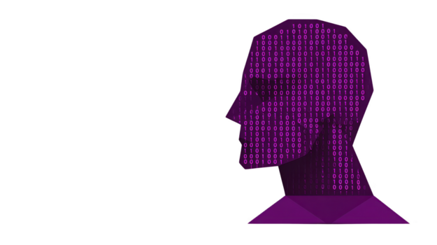 Digital head silhouette with binary code purple geometric design technology concept artificial intelligence futuristic data visualization innovation modern abstract creative png