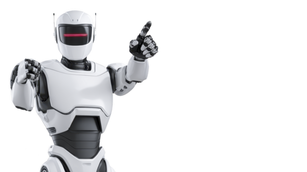 vit humanoid robot med svart accenter pekande fram, trogen artificiell intelligens begrepp, Avancerad teknologi, innovation, och framsteg, isolerat på transparent bakgrund png