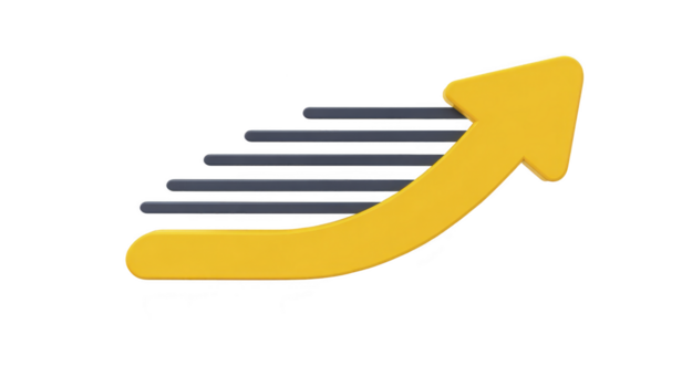 Yellow upward arrow dynamic motion lines growth progress and success concept isolated on transparent background modern 3D illustration energetic and optimistic visual style png