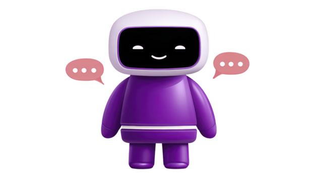 Cute purple robot character with smiling face, speech bubbles, and rounded body, isolated on transparent background, friendly and playful design for technology or communication concepts png