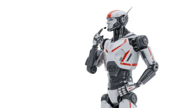 futuristico robot pensiero con mano su mento, bianca e rosso umanoide androide, artificiale intelligenza concetto, isolato su trasparente sfondo png