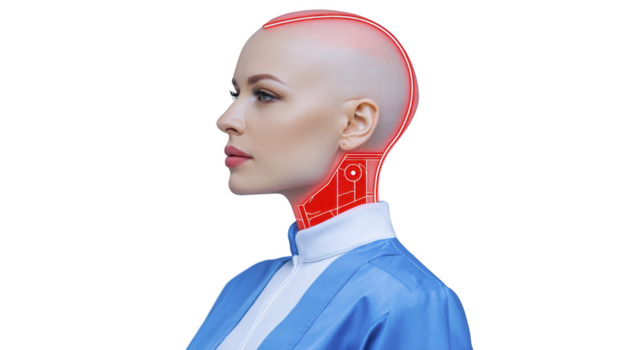 Futuristic female android with bald head, glowing red circuits on scalp and neck, blue and white uniform, side profile, advanced technology, artificial intelligence, serene expression png