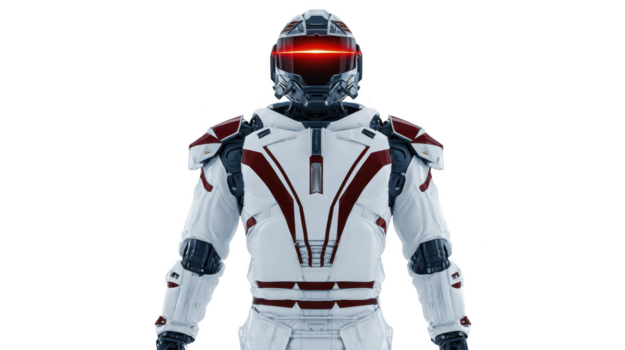 futurista robot en blanco y rojo armadura traje con brillante rojo visera, en pie vertical, tecnología concepto, Ciencias ficción personaje, avanzado artificial inteligencia png