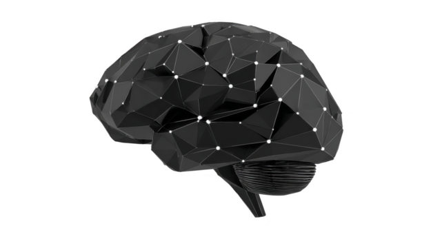 nero geometrico cervello con poligonale maglia e raggiante connessione punti, simboleggiante artificiale intelligenza, tecnologia, e innovazione nel futuristico digitale stile png