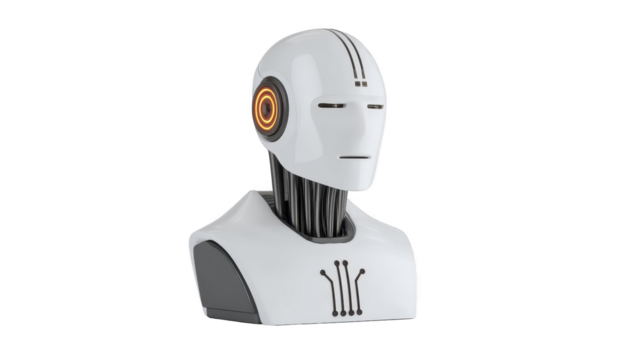 futuriste robot tête avec embrasé Orange oreille, blanc lisse surface, minimaliste conception, artificiel intelligence concept, isolé sur transparence Contexte png
