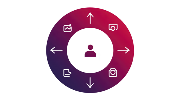Circular infographic with gradient color central user icon and six surrounding icons representing image gallery upload document camera and navigation modern and minimal design png
