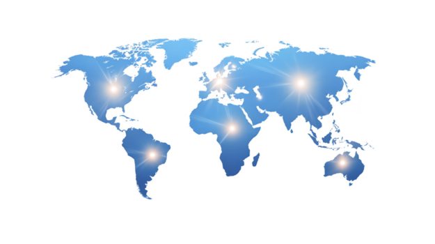 World map with glowing points highlighting major global locations blue continents digital style modern design international connection technology concept global network abstract background png