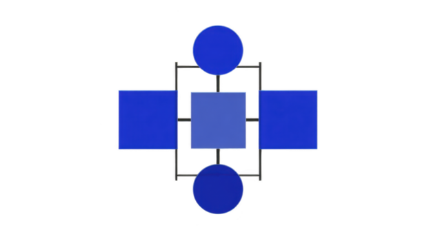 geometrisch abstrakt Komposition mit zwei Blau Kreise und drei Blau Quadrate vereinbart worden symmetrisch auf Transparenz Hintergrund, Erstellen modern und ausgewogen visuell bewirken png