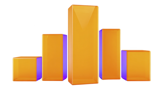 orange och lila 3d bar Diagram med fem glansig rektangulär kolumner, modern geometrisk design, isolerat på genomskinlighet bakgrund, representerar data analys och företag tillväxt png