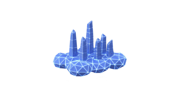 futuristico blu cristallo grappolo con geometrico poligonale griglia, raggiante linee, e acuto picchi, isolato su trasparenza sfondo, evoca digitale, sci fi, e moderno tecnologia vibrazione png