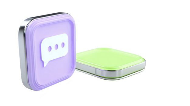 3d icon chat bubble speech symbol pastel color purple green square button metallic edge modern digital communication isolated minimal glossy user interface technology app social media web message png