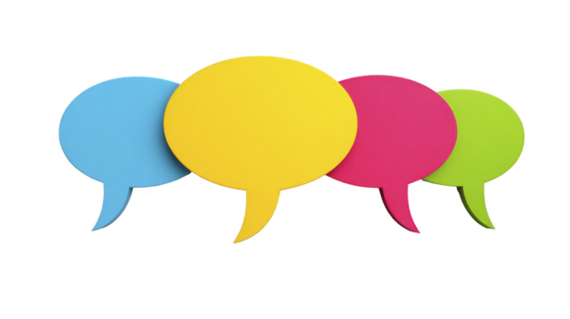 färgrik Tal bubbla former överlappande på genomskinlighet bakgrund, representerar kommunikation, konversation, och kreativ idéer i lekfull och modern stil png