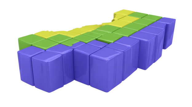 3D bar graph with glossy purple, green, and yellow blocks, representing data visualization or statistical analysis, isolated on transparency background, modern and abstract style png