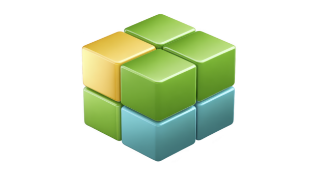 grön kub blå kub gul kub 3d geometrisk glansig skinande abstrakt isolerat modern glansig 3d grön blå och gul kuber anordnad geometrisk abstrakt mönster isolerat genomskinlighet bakgrund png