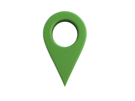 Green location pin icon, isolated on transparent background, symbolizing navigation, map marker, or destination point, commonly used in digital maps and travel applications png