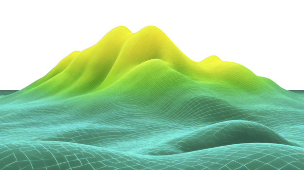 astratto 3d paesaggio con raggiante giallo e verde wireframe maglia, digitale terreno, futuristico montagna, e liscio pendenza, evocando calma e moderno atmosfera png