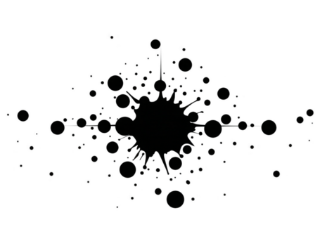 Black ink splatter with scattered droplets transparent background, abstract grunge element for creative design, artistic paint splash effect, dynamic and expressive, suitable for backgrounds png