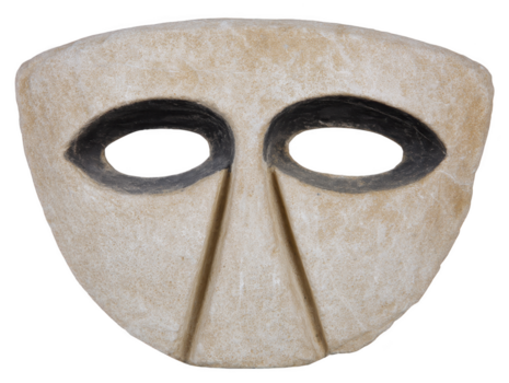 Ancient stone mask with large hollow eyes, beige color, rough texture, triangular nose, mysterious expression, archaeological artifact, isolated on transparency background png
