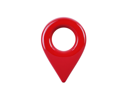Red map pin icon with glossy finish, isolated on transparent background, symbolizing location, navigation, and travel, modern and minimalistic design, conveys clarity and focus png