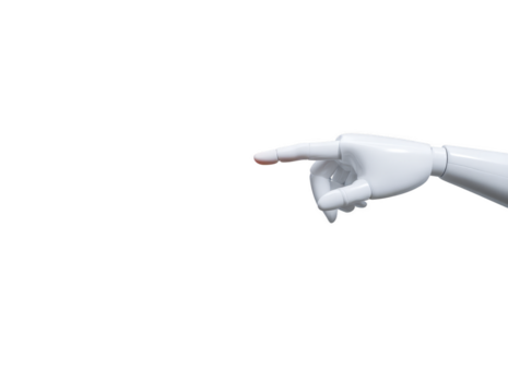 Robotic hand white pointing isolated 3D render technology artificial intelligence futuristic gesture digital Robotic hand with white surface pointing forward isolated transparency background png