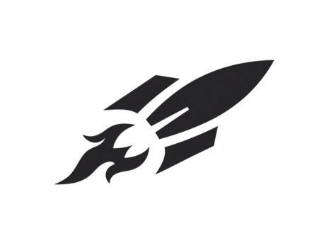 Rocket icon with flame tail, simple black silhouette, isolated on transparency background, symbolizing speed, innovation, and technology, suitable for creative design projects png