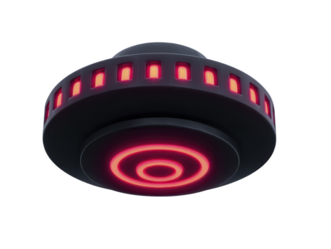 futurista volador platillo con brillante rojo luces, circular forma, y suave metálico superficie, aislado en transparente fondo, evoca misterio y avanzado tecnología png