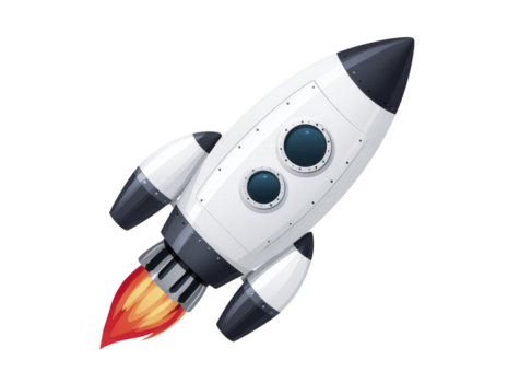 cohete astronave espacio lanzamiento fuego fuego tecnología Ciencias exploración futurista. un blanco y negro cohete con dos redondo ventanas y ardiente cansada simbolizando aventuras innovación y futurista png