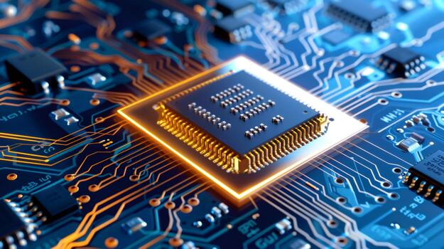 Microchip on circuit board processing data technology photo