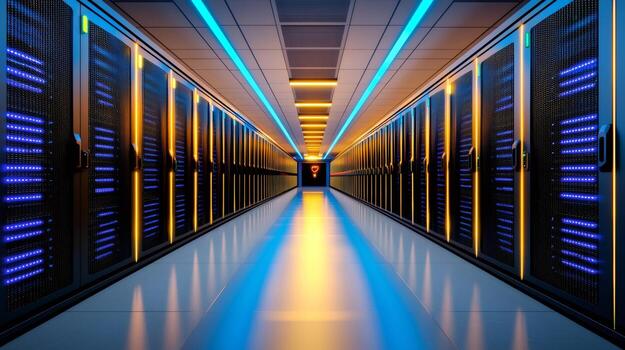 Server room displaying network racks storing digital data photo