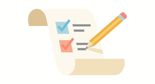 Lista de Verificación con casillas de verificación y un lápiz, representando tarea terminación, decisión haciendo, y Progreso en un simple, plano diseño vector