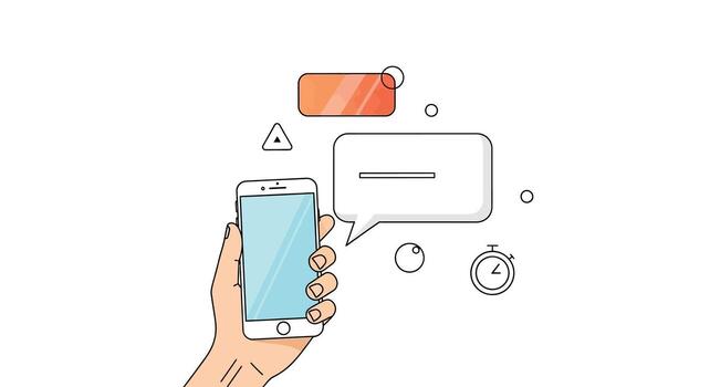 mano participación un teléfono inteligente con habla burbujas y iconos, representando móvil comunicación y mensajería vector