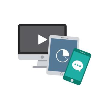 moderno plano diseño concepto de digital dispositivos incluso un escritorio computadora con jugar botón, tableta con cuadro, y teléfono inteligente con charla icono vector