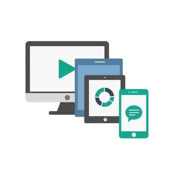 múltiple electrónico dispositivos incluso un computadora, tableta, y teléfono inteligente mostrando digital contenido y datos vector