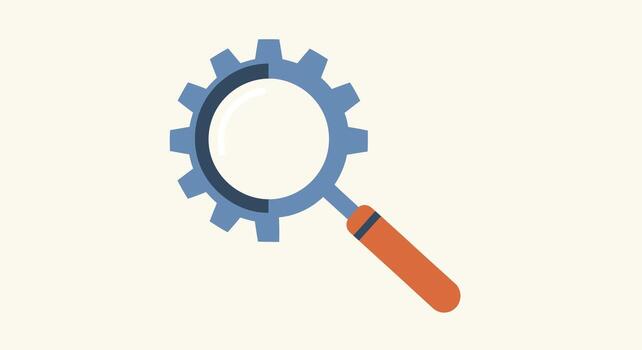 aumentador vaso con un engranaje forma como sus lente, representando buscar, análisis, y mecánico Ingenieria conceptos vector