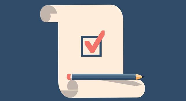 un enrollada documento con un caja y un marca de verificación, siguiente a un lápiz, simbolizando tarea terminación y aprobación vector