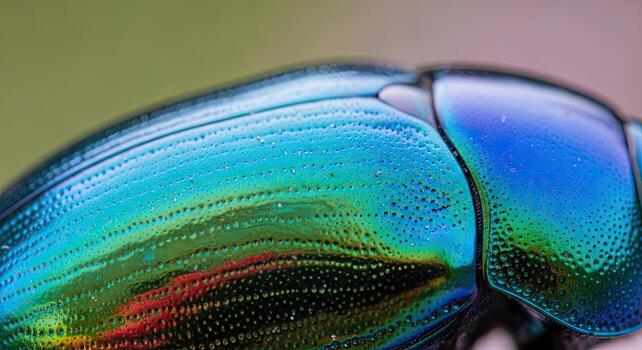 Close-up of a vibrant iridescent beetle shell showing intricate textures and colors. photo