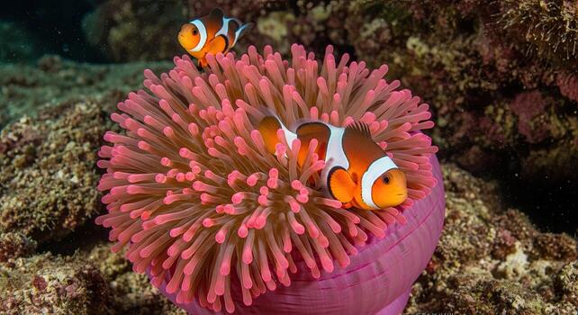 Vibrant Clownfish and Anemone in a Colorful Underwater Reef Scene. photo