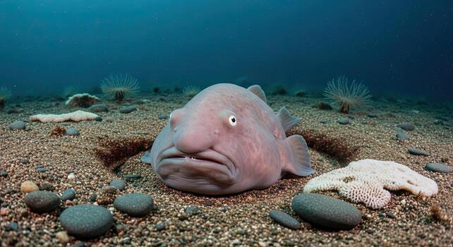 Blobfish Resting on Sandy Seabed with Pebbles and Coral Fragments. photo