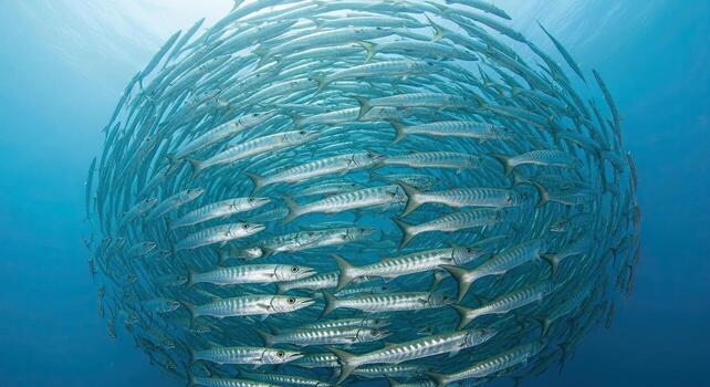 Large School of Barracuda Fish Swirling in a Circular Formation Underwater in the Ocean. photo