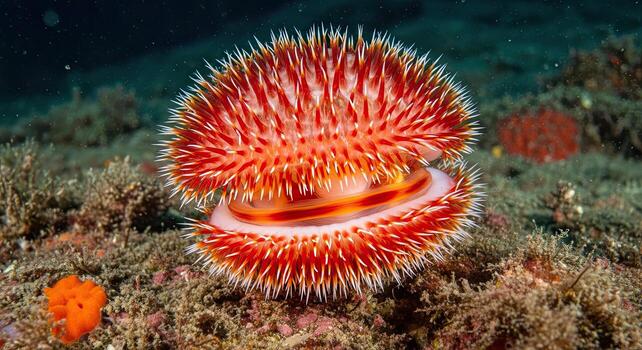 Close up of a spiny scallop shell opening underwater on the seabed. photo