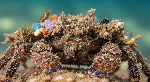 Close up of a camouflaged decorator crab with colorful anemones and sponges on its shell. photo