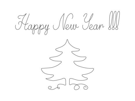 Greeting card with lettering Happy New Year and christmas tree fir, continuous single one line art hand drawing sketch, logo on white background vector