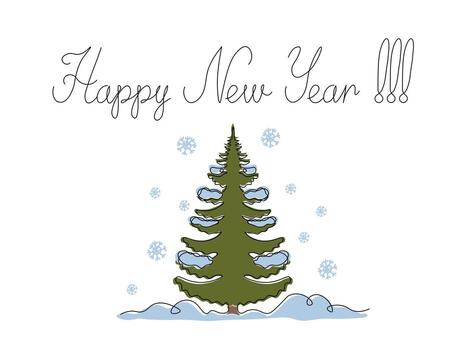Greeting card with lettering Happy New Year and christmas tree fir with snow, continuous single one line art hand drawing sketch, logo on white background vector
