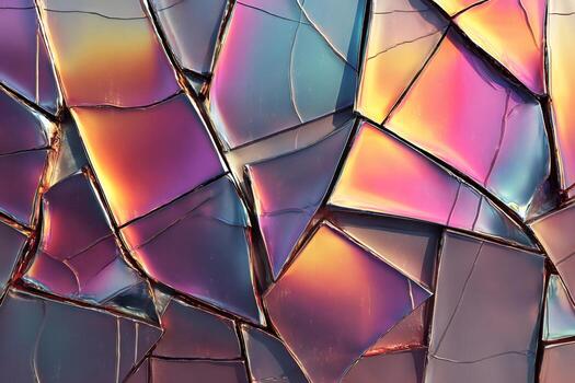 Iridescent shattered glass shards creating abstract texture photo