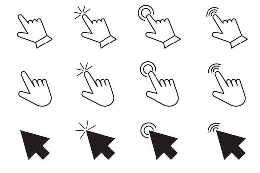 Cursor arrow pointer, click here mouse load symbol. Pointer cursor and loading icon. Cursors icons click set. Touch screen symbol, pointer sign and symbol. vector